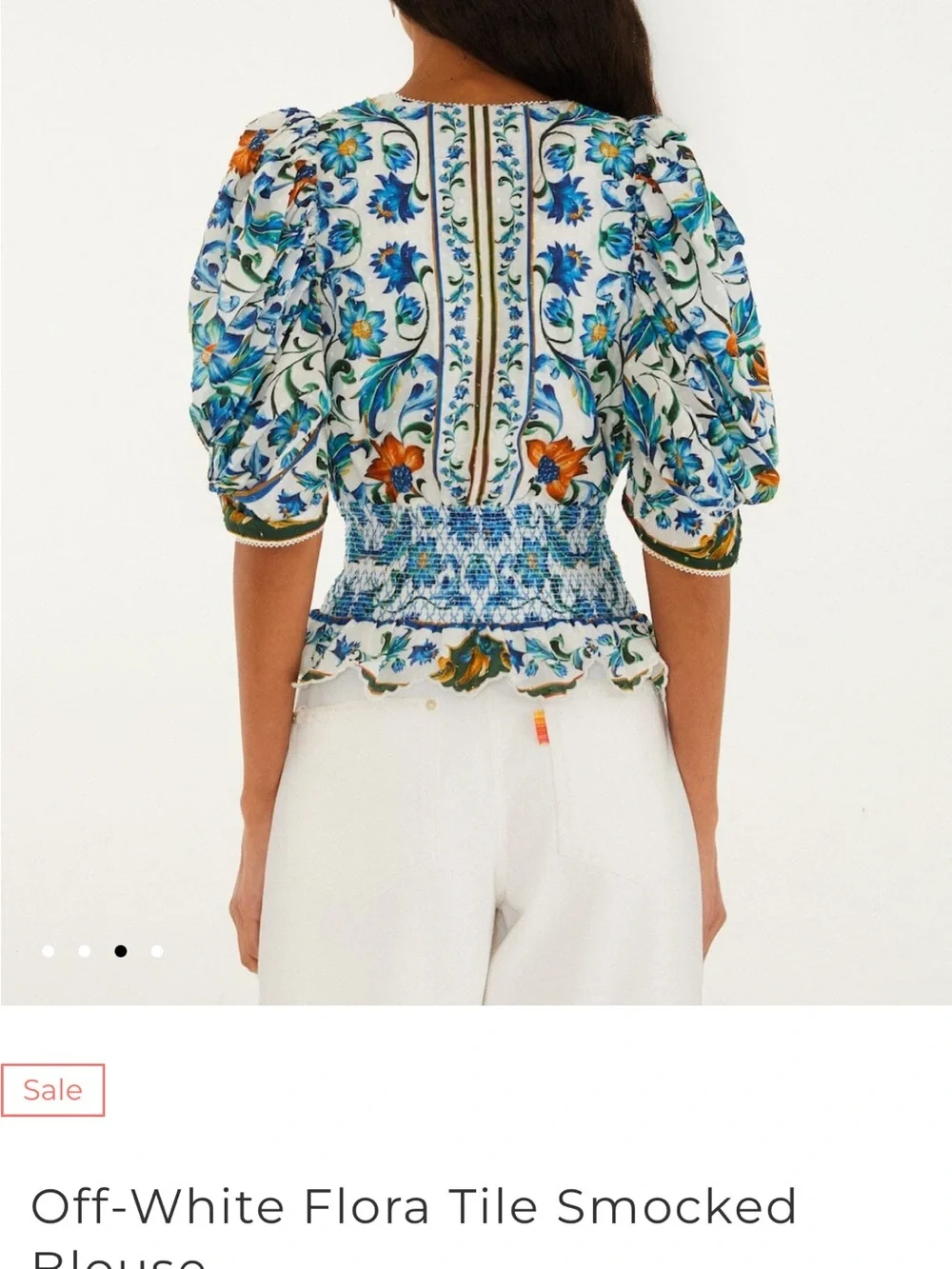 FARM Rio Off-White Floral Tile Blouse with Blue & Orange Print